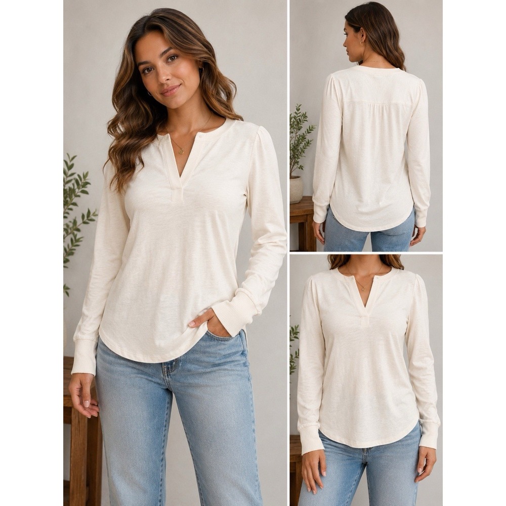 Buffalo David Bitton Women Small Ivory V Neck Long Sleeve Stretch Knit Top